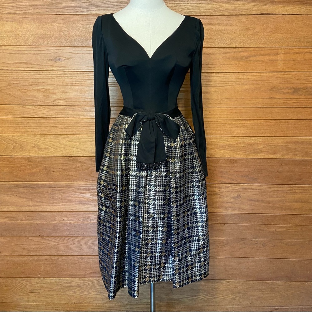 Vintage 1950s Edward Abbott black gold and silver metallic bow party dress